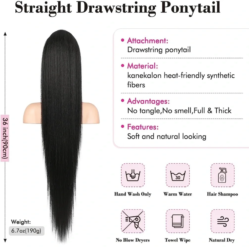 36 Inch-180 Gram Ponytail Extension, Straight Drawstring Ponytail Hair Extension - Picture 7 of 7